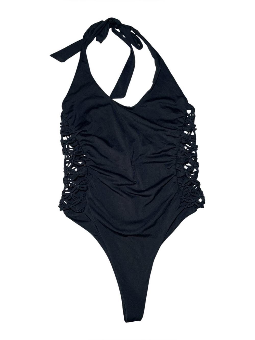 Frankie’s Bikinis Black One Piece Swimsuit Large Macramé Side Cutout High Cut